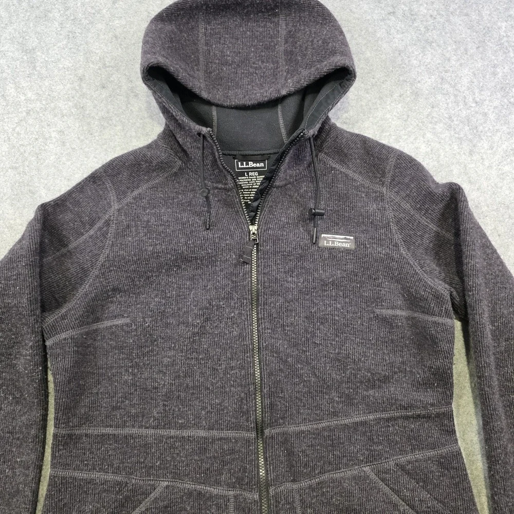 L.L.Bean Wooltek Coat Womens L Gray Wool Blend Fleece Hooded Full Zip Mid Length